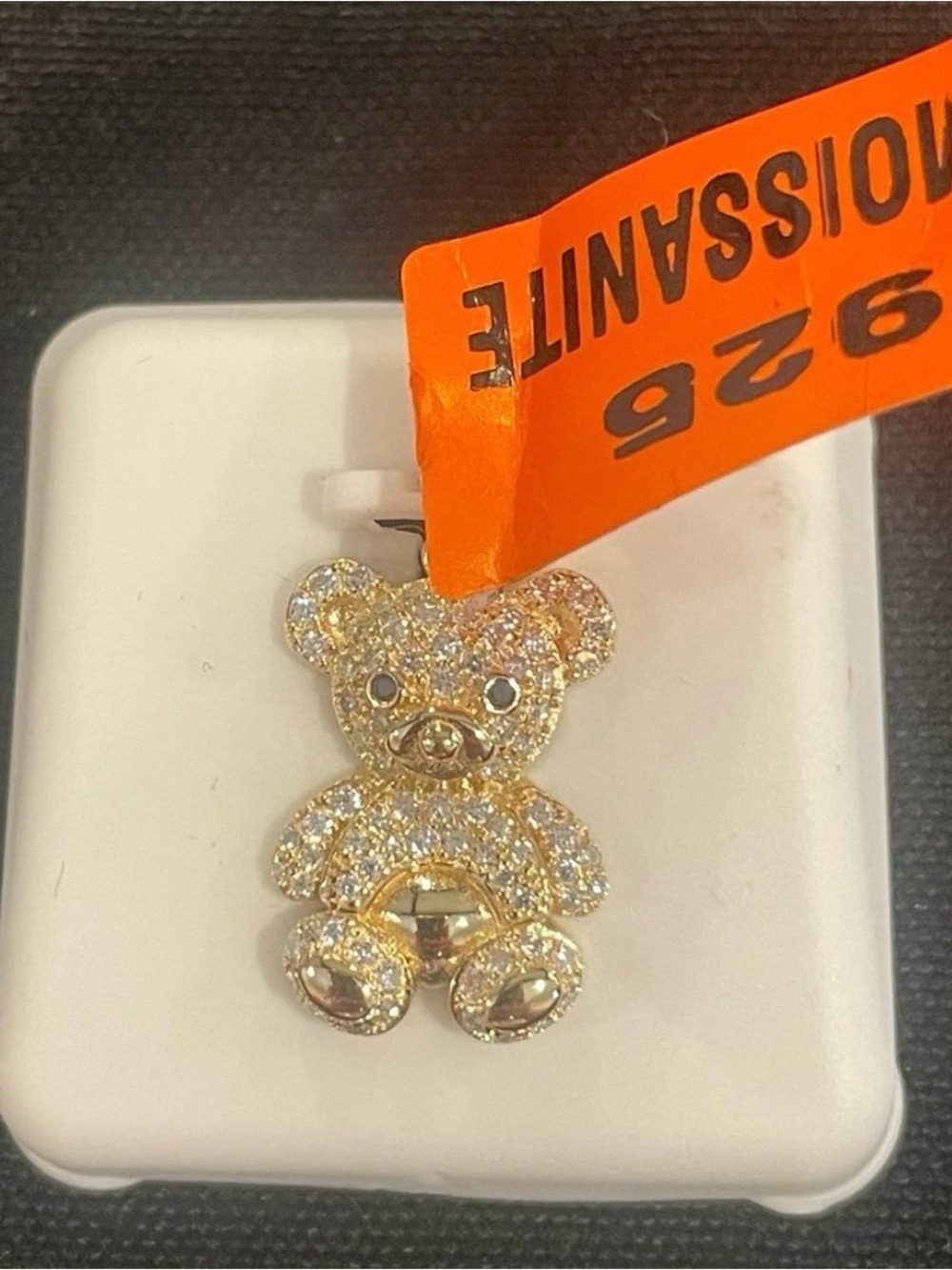 14k gold over 925 silver 1.0ctw Moissanite teddy bear, has black Moissanite eyes